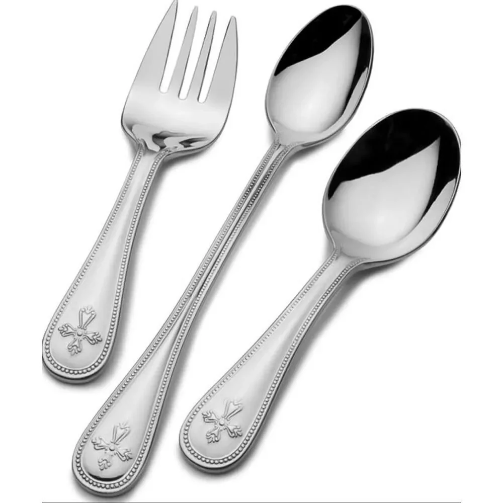 NWT Mikasa 3 Pc set baby Memento Box cross & beaded design Silver flatware set